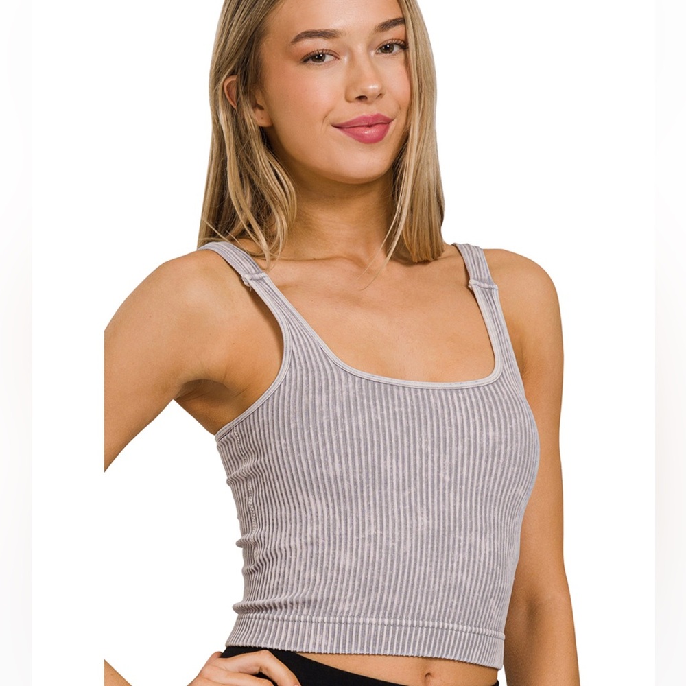 NEW Zenana Washed Seamless Padded Squareneck Brami Sleet Gray S/M L/XL